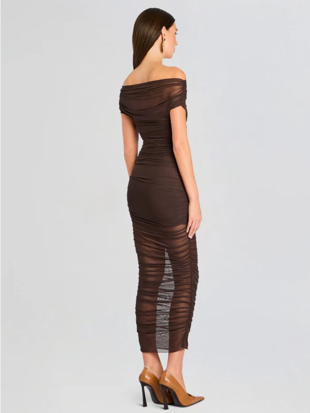 SER.O.YA Off-Shoulder Brown Sheer Ruched Midi Dress